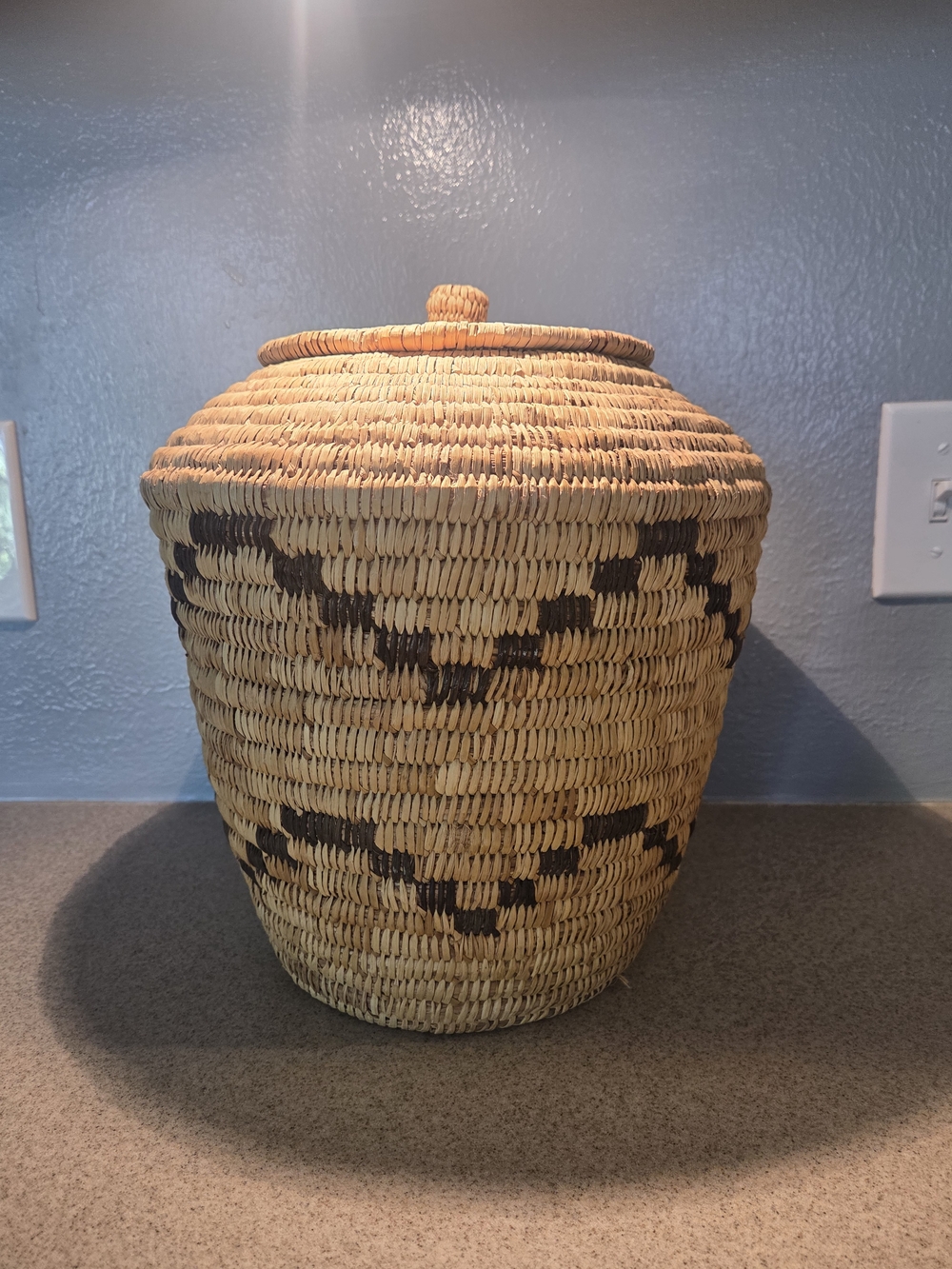 Vintage Tohono O'odham Papago Native American Coiled basket W/Lid - Olla Jar